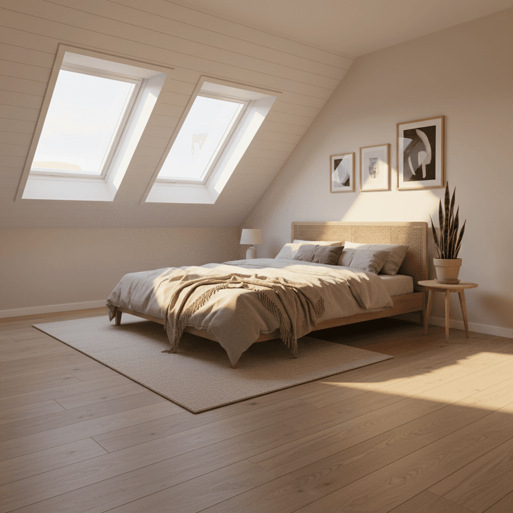 A beautifully converted attic bedroom with Velux windows and warm natural light