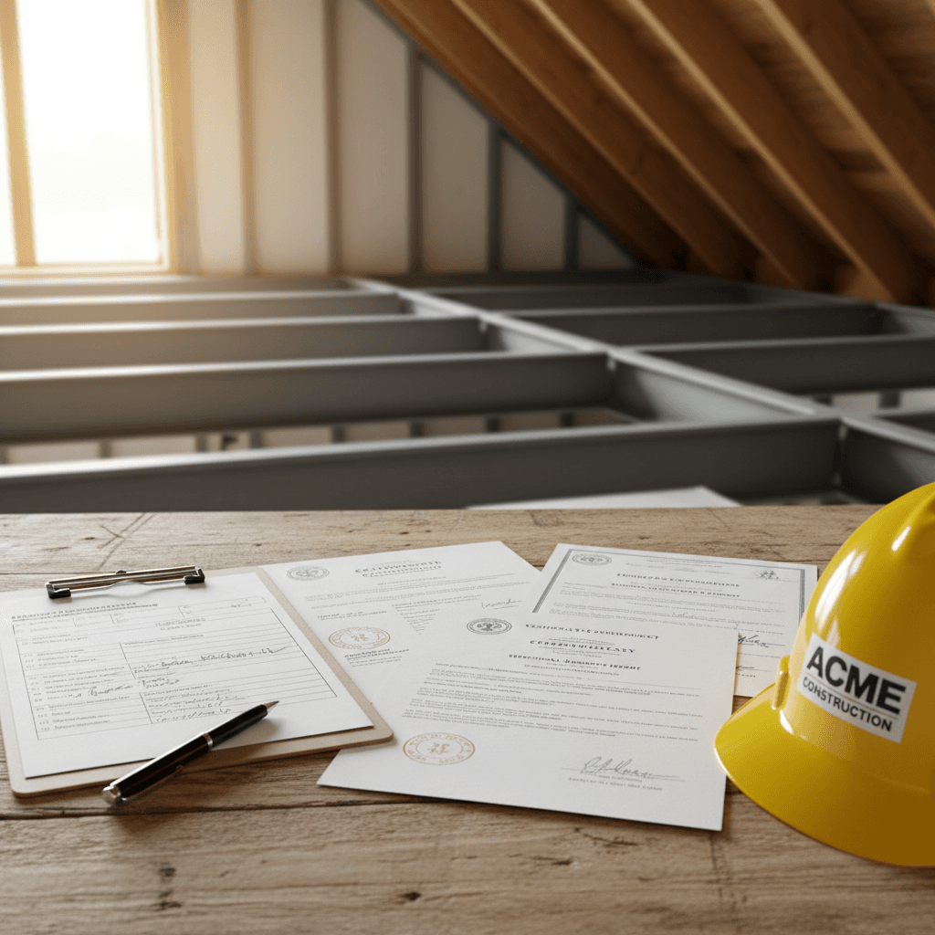 Building compliance documents and engineer's inspection checklist on a desk with an attic conversion visible in the background