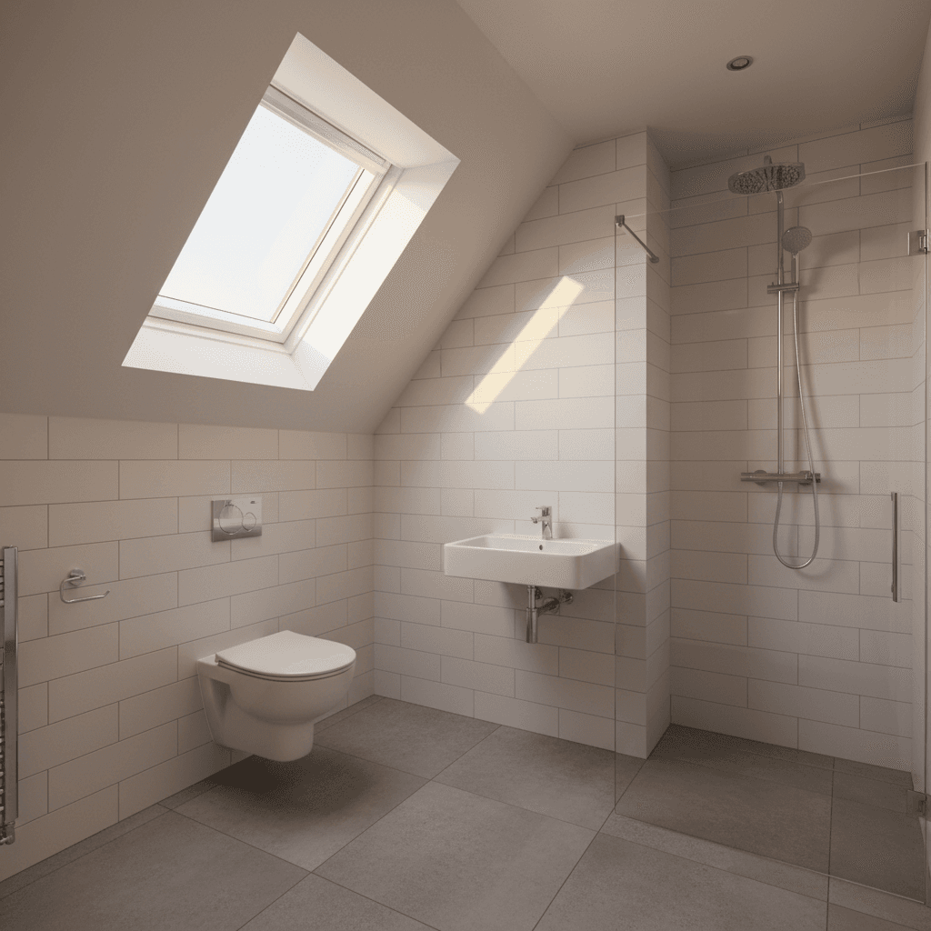 Compact attic ensuite bathroom with walk-in shower and Velux skylight in sloped ceiling