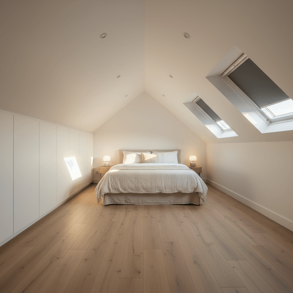 Beautifully finished attic bedroom with LVT flooring, Velux skylights, and spotlights