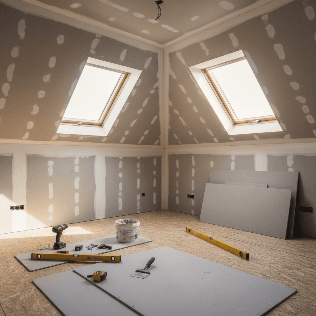 Attic conversion mid-construction showing plasterboarded walls, OSB subfloor, and Velux windows