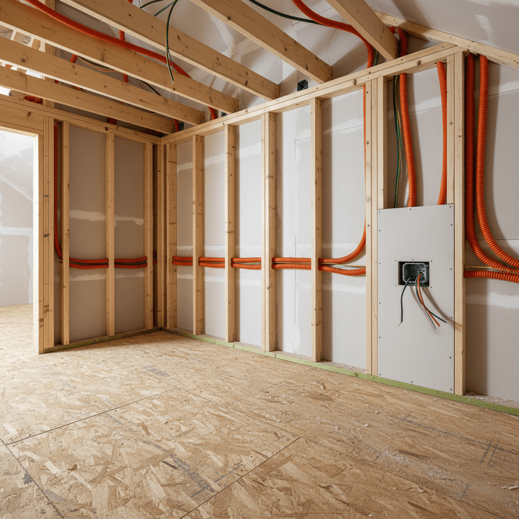 Electrical first-fix wiring in an attic conversion mid-build with cables in conduit and back boxes