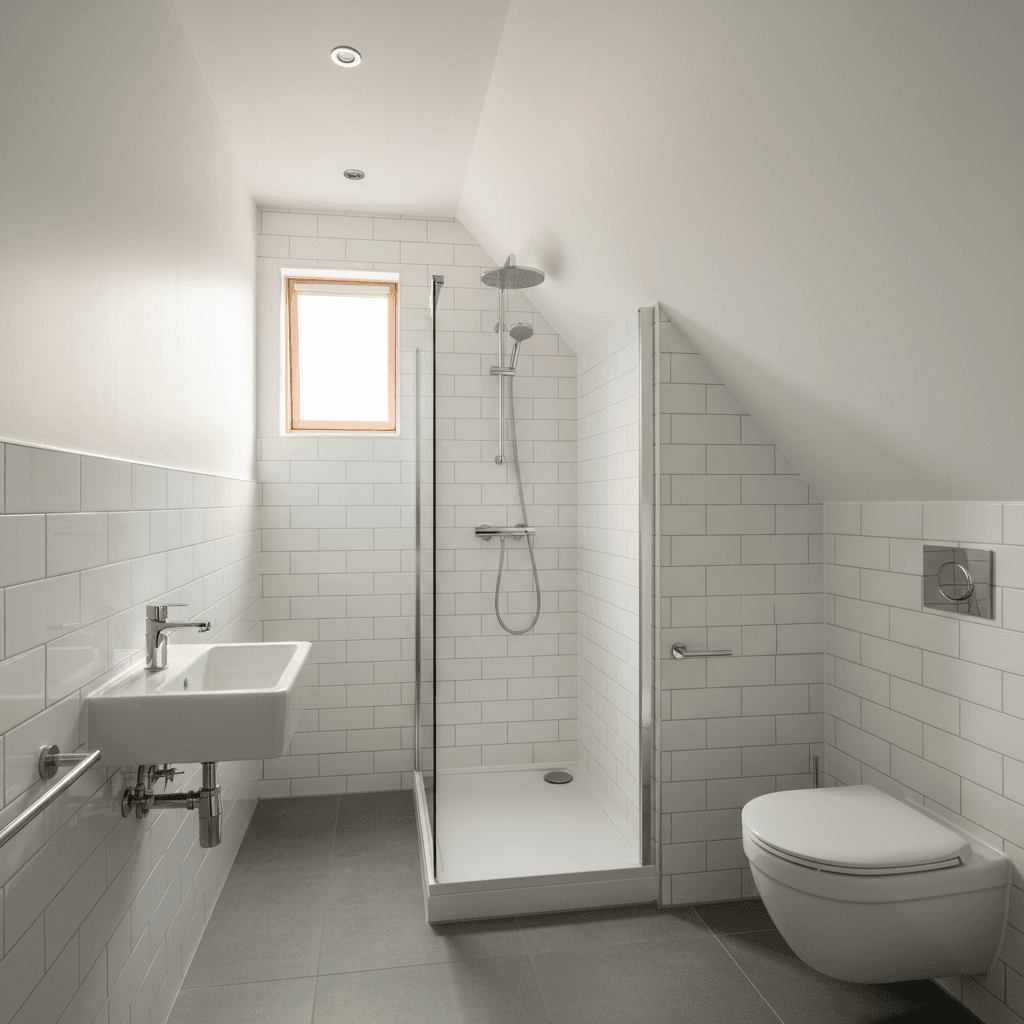 Attic ensuite mid-construction showing plumbing rough-in with waste pipes on OSB subfloor