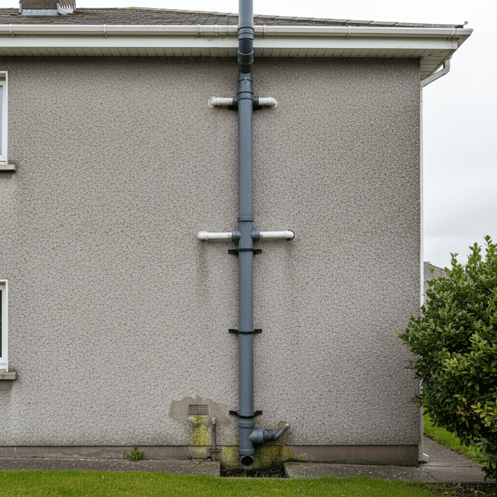 Exterior of a Dublin house showing the main soil waste stack pipe running up the wall