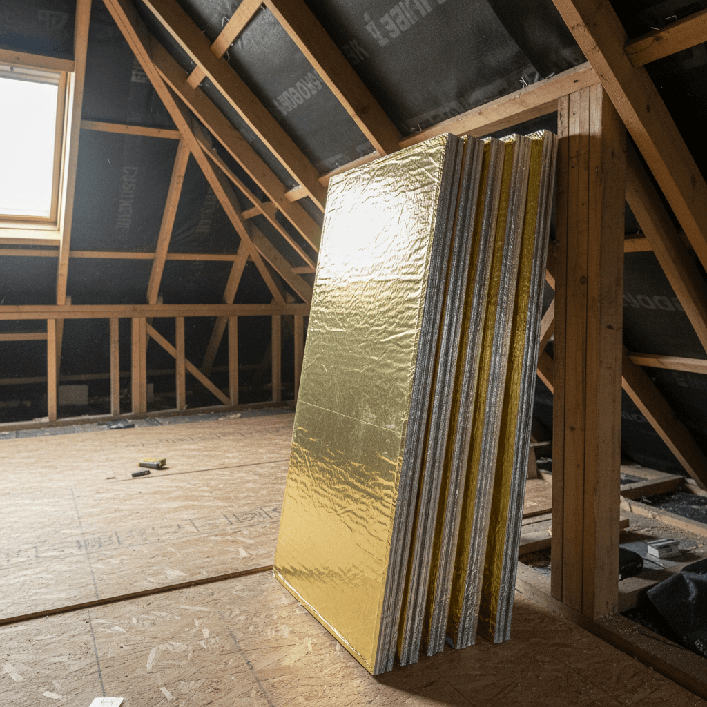 Rigid PIR insulation boards (Kingspan style) fitted between timber rafters with foil face and taped joints