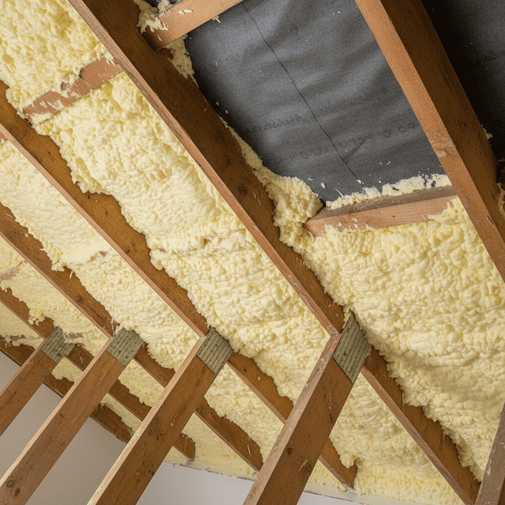 Open-cell spray foam insulation applied between timber rafters in an attic