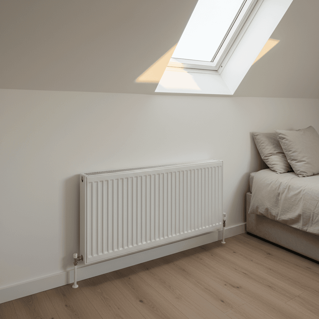 Modern white panel radiator mounted on a wall in a finished attic bedroom with sloped ceiling