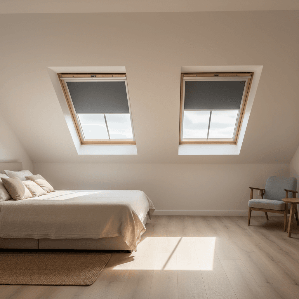 Two large Velux skylight windows with half-open blackout blinds in a finished attic bedroom
