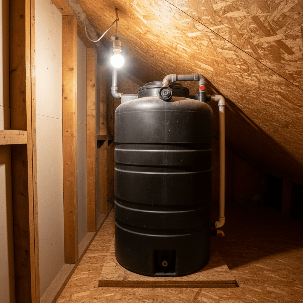 Cold water storage tank in an attic storage area with pipes connected