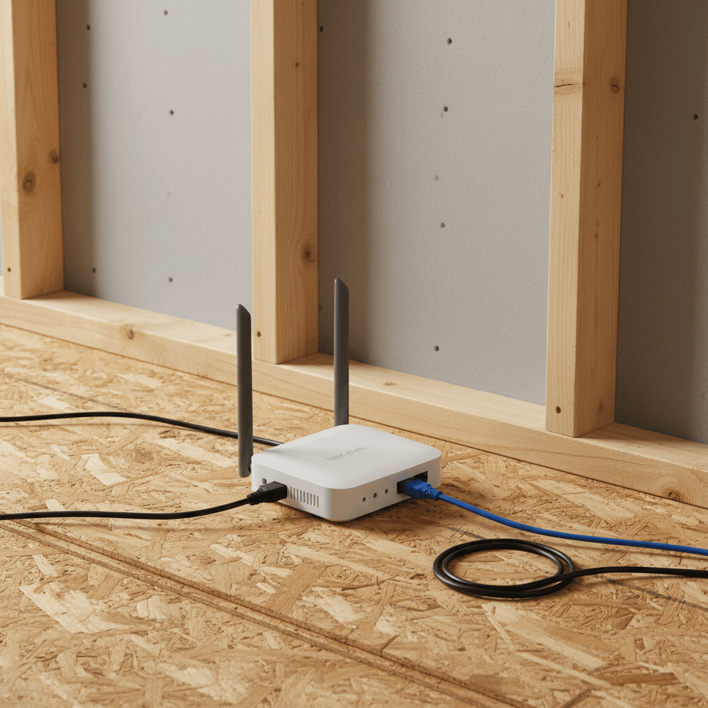 Neat tech corner in an attic storage area with WiFi router, network switch, and Ethernet cables