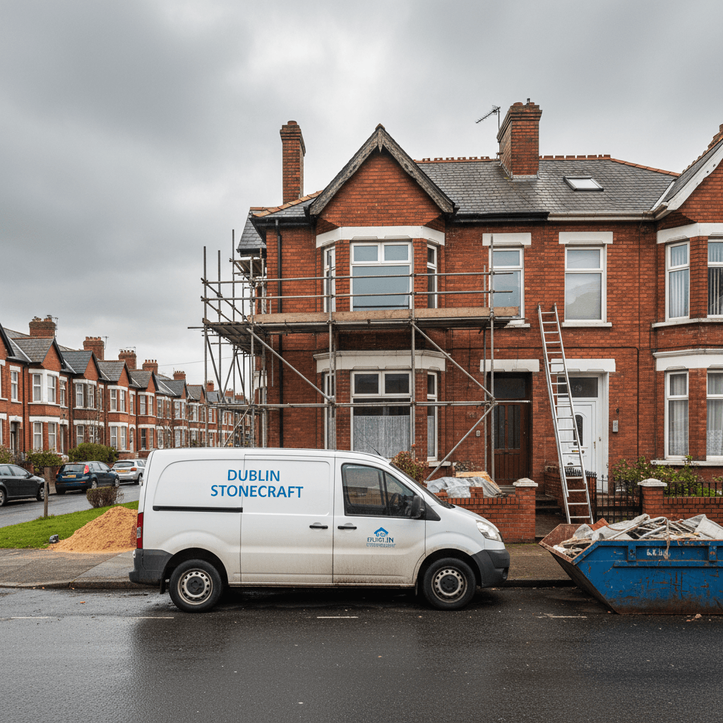 Builder's work van parked outside a Dublin semi-detached house during an attic conversion