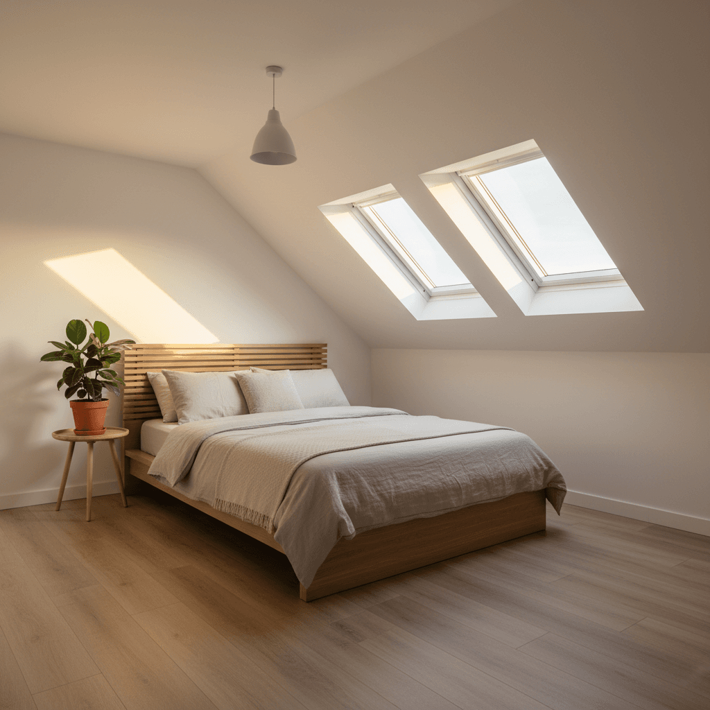Beautifully finished attic conversion with warm light streaming through Velux windows, LVT flooring, and a compact kitchenette