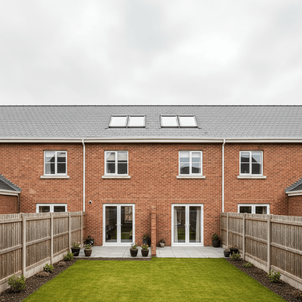 Rear view of Dublin semi-detached houses showing Velux skylight windows installed in one roof slope